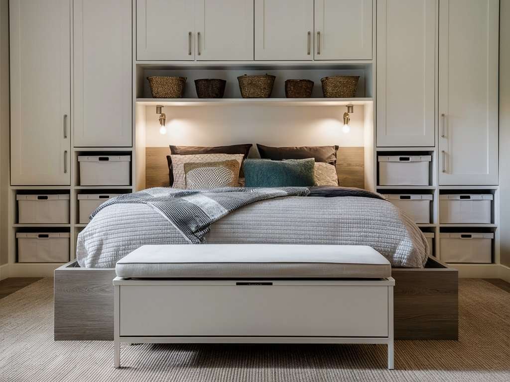 This image should display a bedroom featuring clever storage solutions, such as under-bed storage, decorative baskets, and multifunctional furniture, maintaining an organized and tidy space.