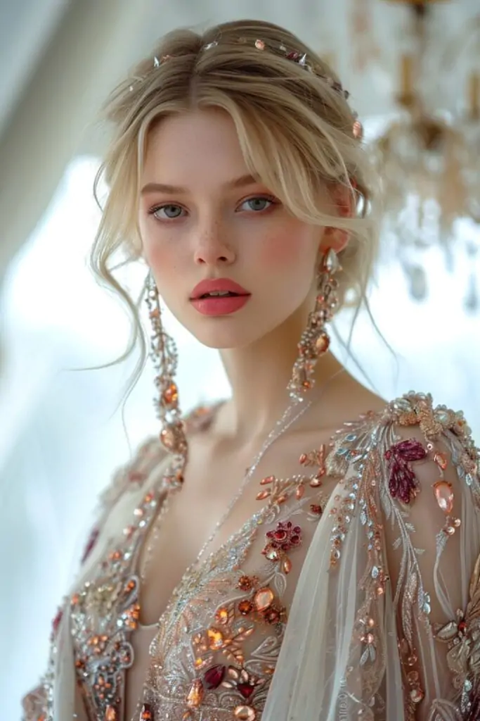 a hyper-realistic portrait of a young woman with soft, delicate features, large expressive eyes, and natural makeup.