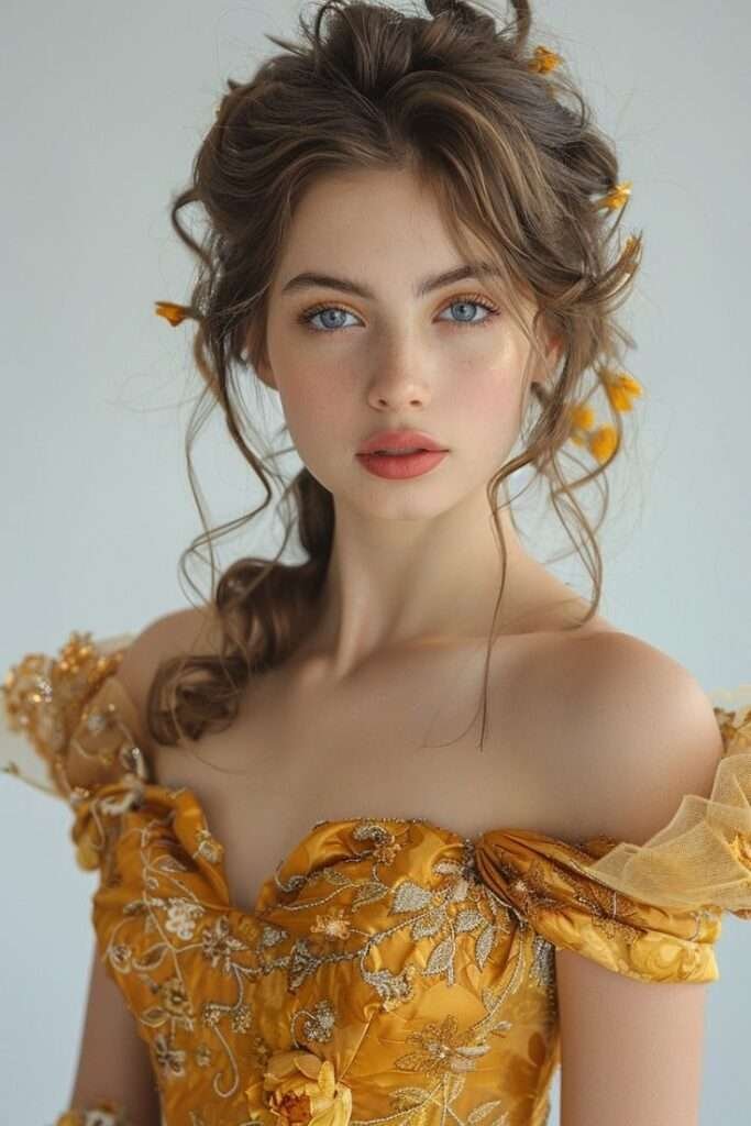 eautiful young woman with blue eyes and light brown hair styled with yellow flowers, wearing an ornate golden gown with floral embroidery in a fairytale-inspired portrait."