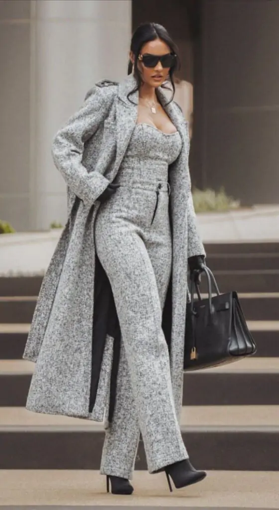 Person in chic tweed coat and trousers set with black accessories.