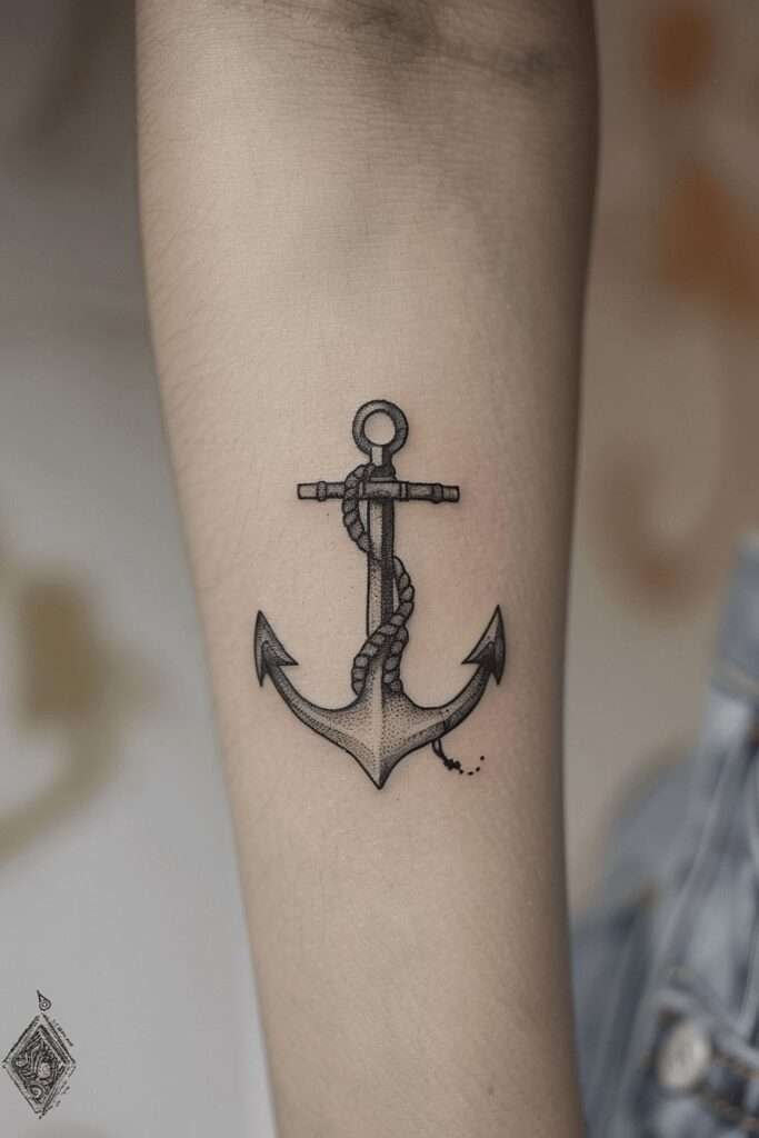 An anchor tattoo symbolizes stability, strength, and grounding. It's a popular choice for those who want a reminder to stay steady in life's storms. minimalist anchor tattoo, small anchor tattoo designs, simple nautical tattoos