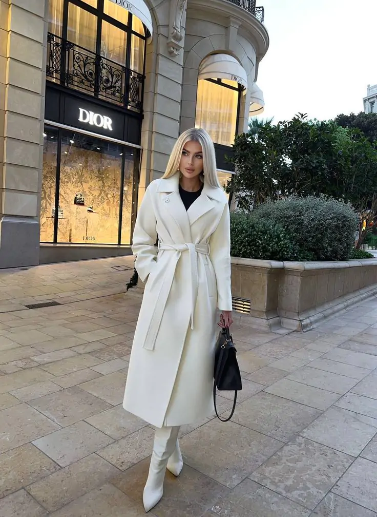 Womens Wool Trench Coats Autumn Winter 100% Wool Solid Color V-Neck Coat Slim Warm Long Overcoat Belt Jackets Outwear