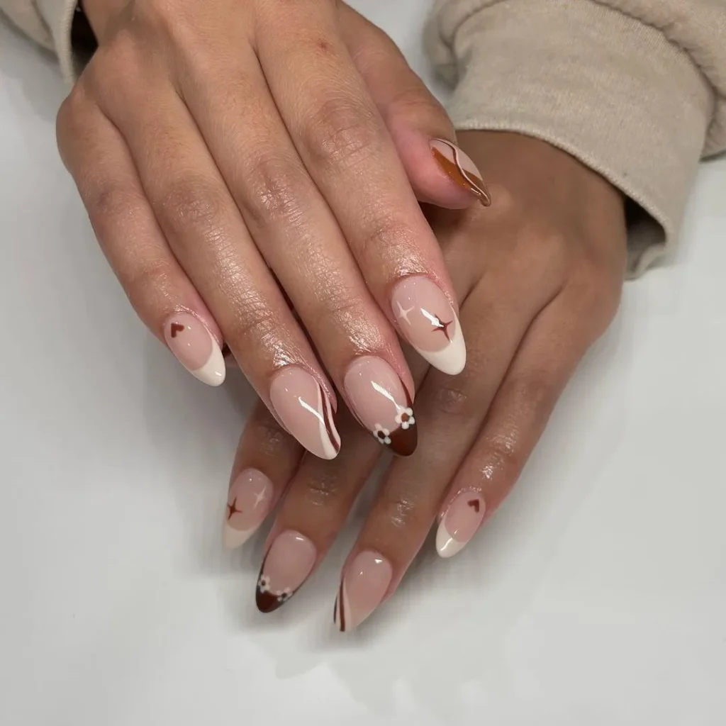 Fall floral and French manicure with brown and white accents