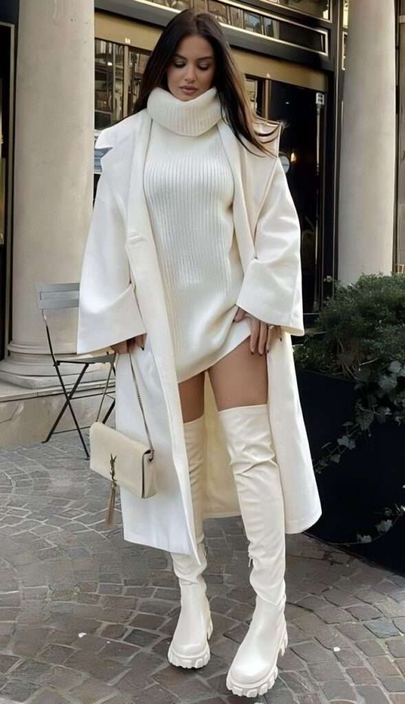 Woman wearing a white oversized coat, turtleneck sweater dress, and thigh-high boots.