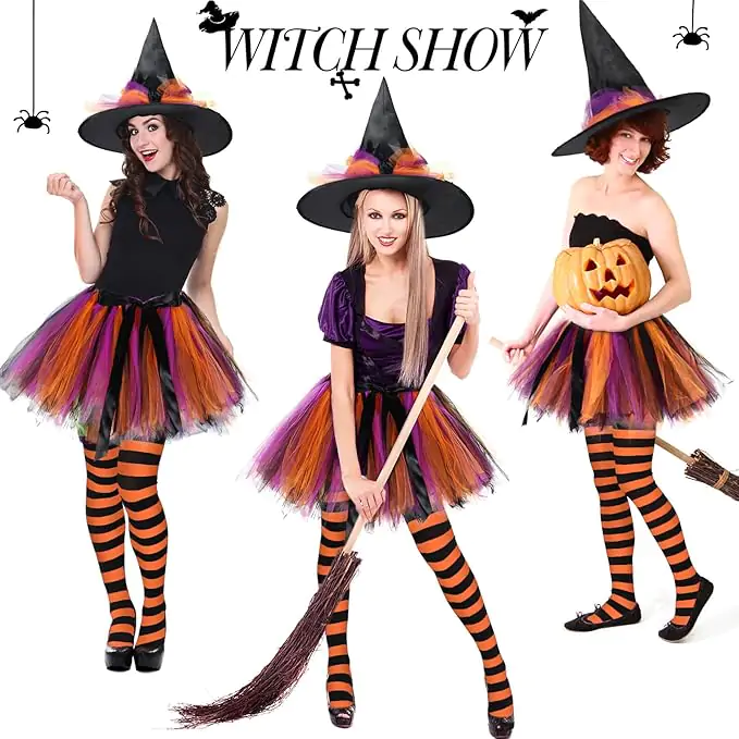 Halloween Witch Costume for Women 2024 Halloween Witch Hat Tutu Skirt and Striped Tights for Cosplay Party