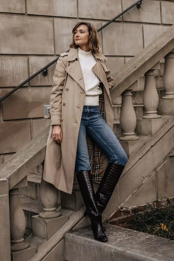 Trench Coat with Jeans & Boots.