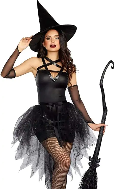 Modern witch Halloween costume with sparkling tulle skirt, crisscross chest design, fishnet stockings, pointed hat, and broomstick.