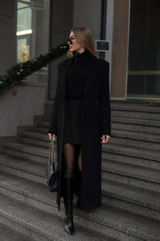 Black Trench Coat Winter Double-Breasted Jacket With Belts. Classical Double-Breasted coat with Belted waist, Buttoned cuffs,Unique collar design,side-entry front pockets