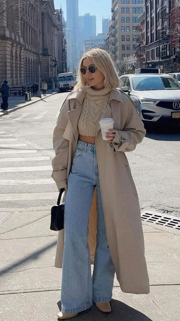 Fashionable individual in wide-leg jeans and oversized trench coat holding a coffee cup on city street.”