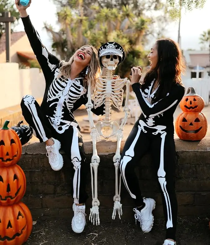Halloween Skeleton Costume for Women - Comfy Easy Adult Onesie Jumpsuit - Front and Back Print with Zip Up Mask