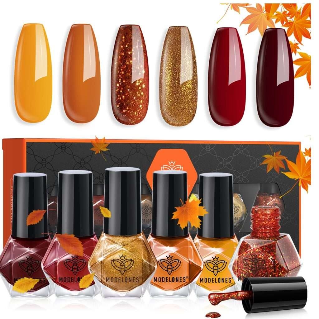 modelones Nail Polish Set 6 Colors Fall Gold Yellow Glitter Nail Polish Kit Orange Red Brown Quick Dry Nail Polish Set Manicure Nail Art Manicure DIY Home