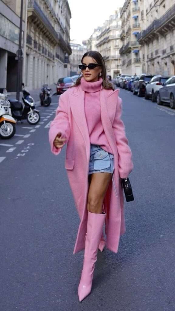 Woman in a pink oversized coat, pink turtleneck, denim shorts, pink knee-high boots, and sunglasses.