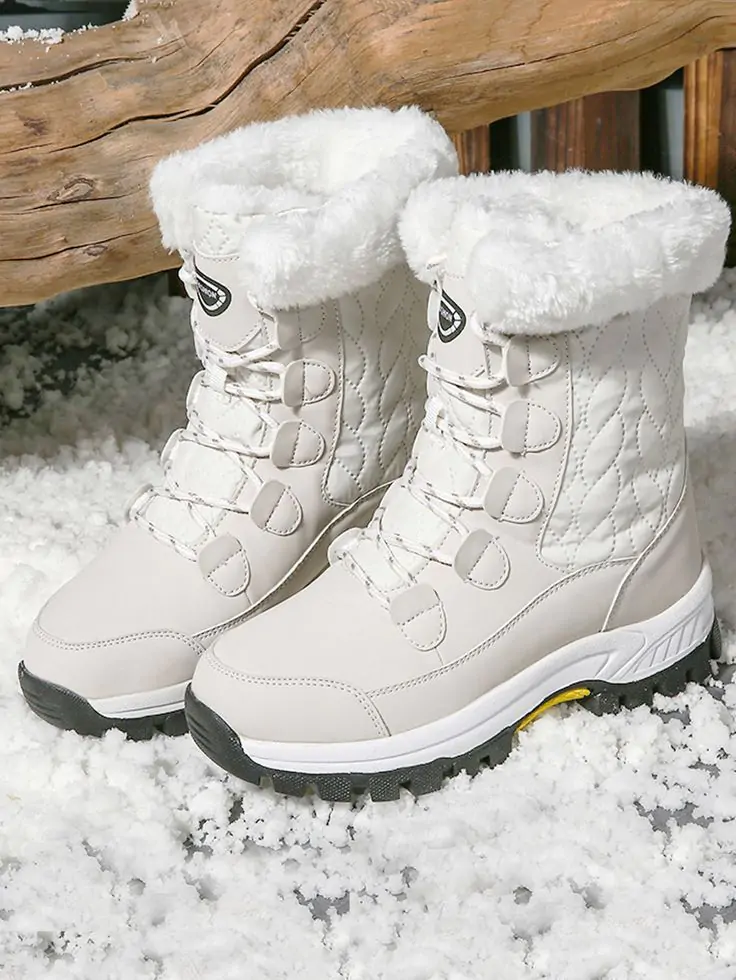 Women's White Stitching Lace-up Front Warm Snow Boots With Minimalist Design