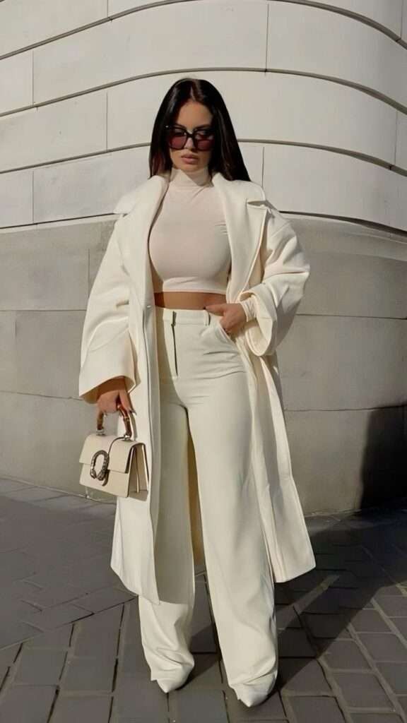 Woman in a cream oversized coat with a crop top, high-waisted pants, and a handbag.