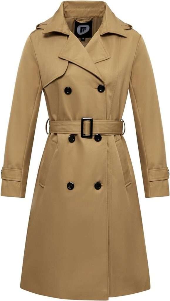 Women's Waterproof Trench Coat Long Double Breasted Windbreaker Classic Belted Lapel Overcoat with Removable Hood.