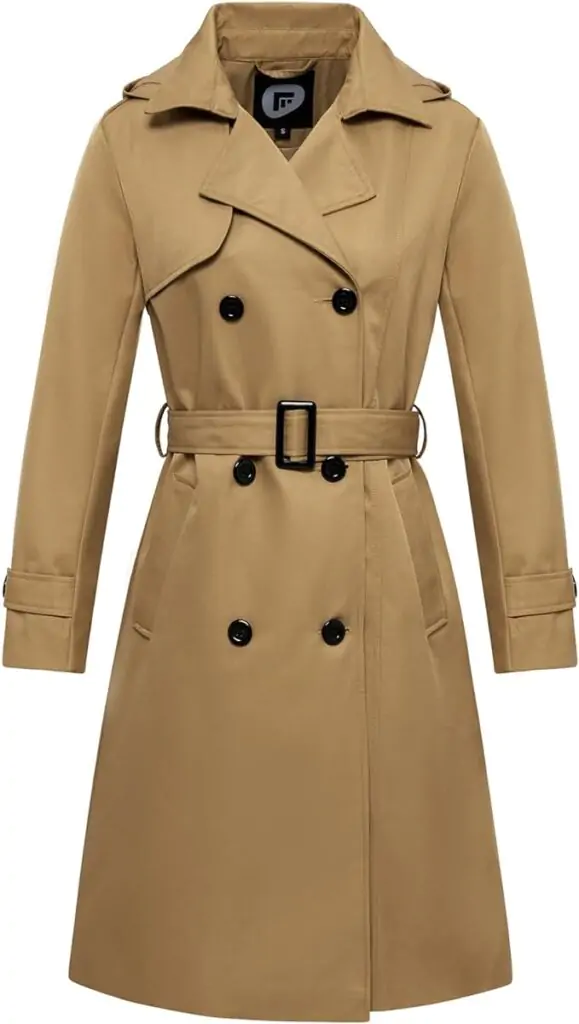 Women's Waterproof Trench Coat Long Double Breasted Windbreaker Classic Belted Lapel Overcoat with Removable Hood.