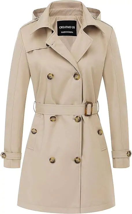 US Women's Trench Coat Double-Breasted Classic Lapel Overcoat Belted Slim Outerwear Coat with Detachable Hood