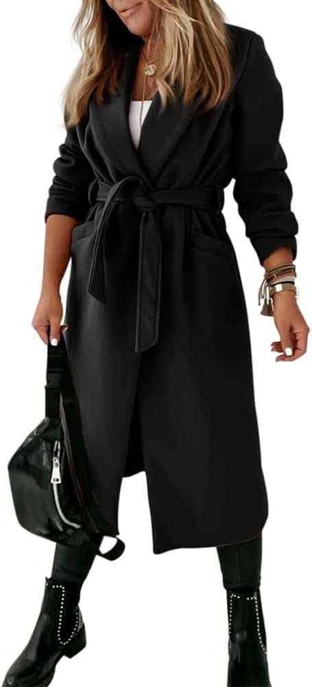 Womens Classic Coat Lapel Collar Open Front Belted Long Jacket