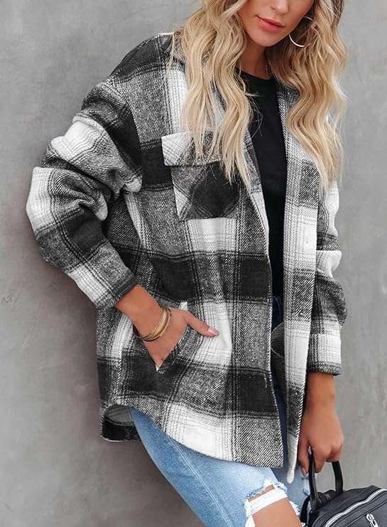 Down Shirts Jacket Coats. Women's Flannel Plaid Shacket Long Sleeve Button Down Shirts Jacket Coats with Side Pockets