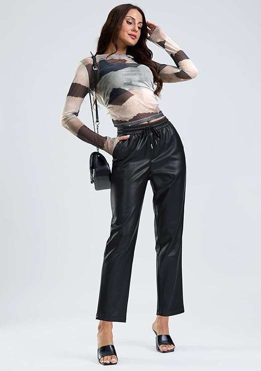 Women's Faux Leather Pants High Waisted Straight Leg Cropped Ankle Trousers Matte Pleather Pants for Women.