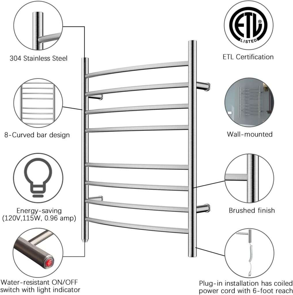 HEATGENE Towel Warmer 8 Bar Plug-in Curved Bath Towel Heater Towel Warmer for Bathroom Plug-in Drying Rack Brushed