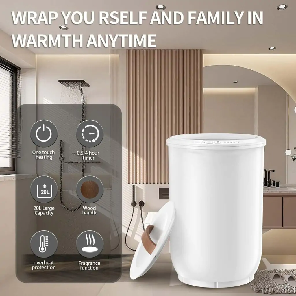FLYHIT Large Towel Warmer for Bathroom - Heated Towel Warmers Bucket, Wood Handle, Auto Shut Off, Fits Up to Two 40"X70" Oversized Towels, Bathrobes, Blankets, Best ideal for mother's gifts