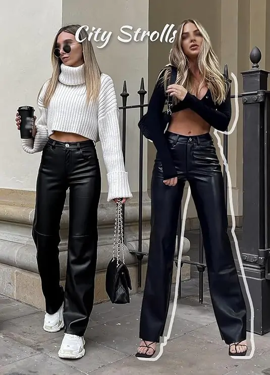 Faux Leather Pants PU High Waist Straight Leg Pants with Pockets Leather Leggings Bell Bottom Flare Pants