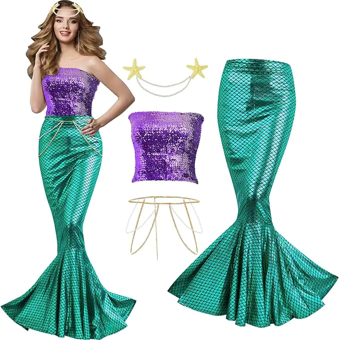 Mermaid Costume for Women Sequin Tube Top Skirt Pearl Waist and Head Chain for Halloween Cosplay