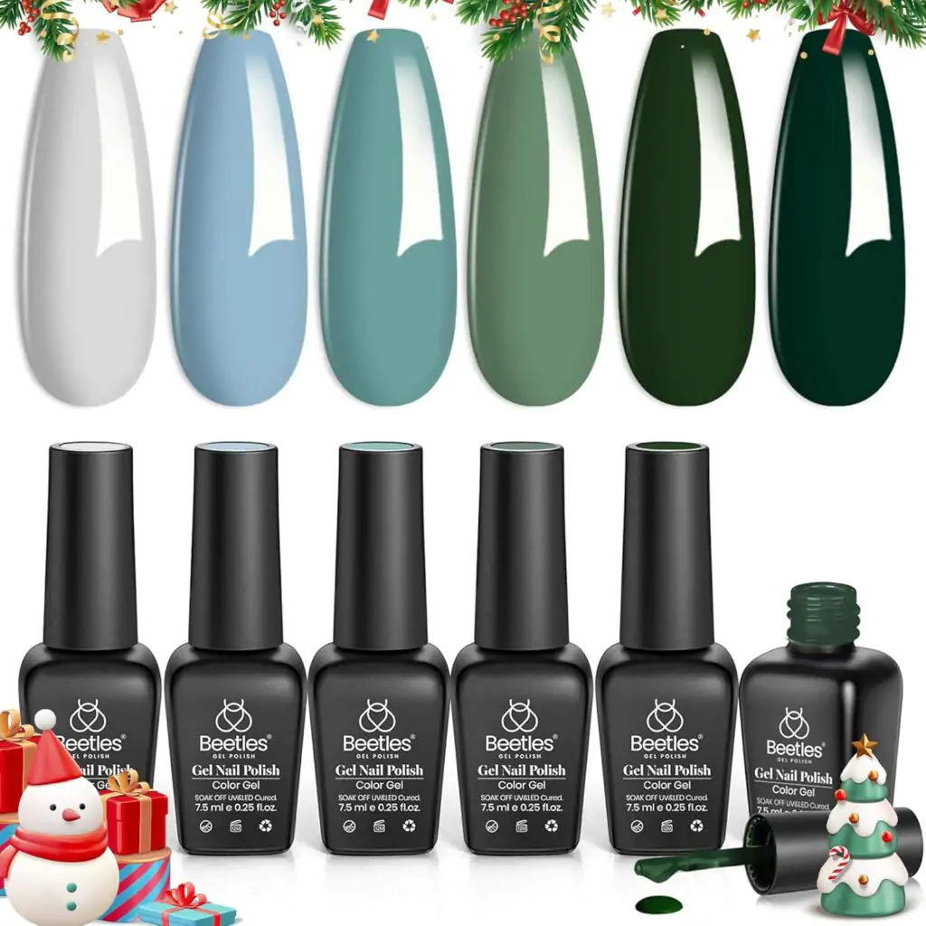 Beetles Green Gel Nail Polish Set, Fall Winter Gel Nail Polish Set 6 Colors Dark Green Gray Blue Baby Blue Gel Polish Green Misty Soak Off Uv Nail