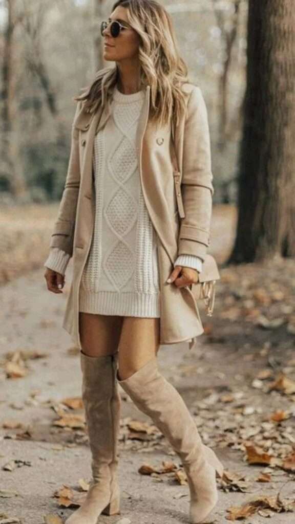 This outfit showcases a cozy, oversized cable-knit sweater dress layered under a sleek beige trench coat, creating a warm and sophisticated look for winter. The neutral tones add a classy, timeless appeal, perfect for a stylish outdoor stroll.