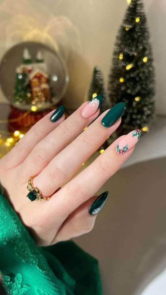 Imagine stepping into a hushed winter forest. This manicure captures that serene feeling with deep evergreen nails, like the needles of a pine tree. This design evokes a sense of quiet elegance and natural beauty, bringing a touch of the outdoors to your fingertips this holiday season.