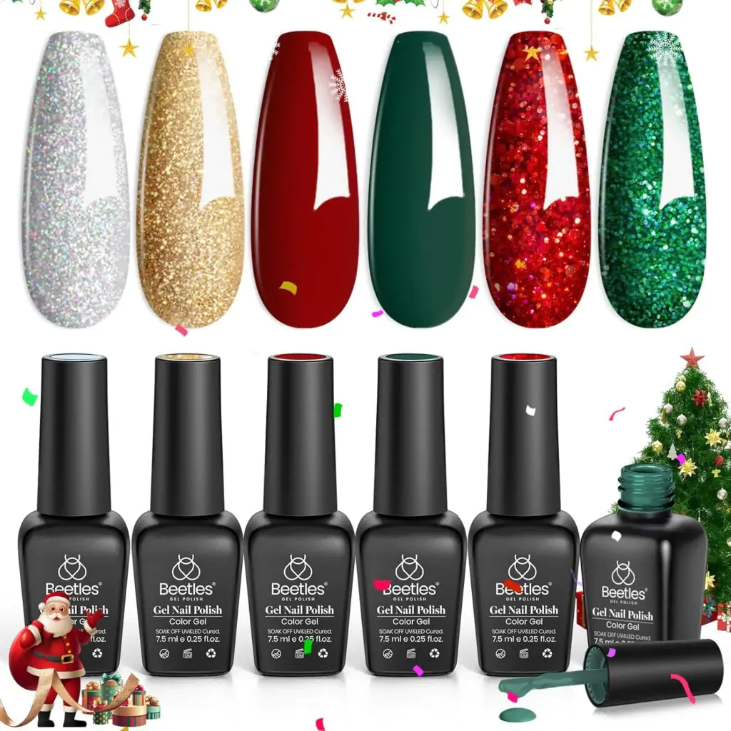 Beetles Christmas Gel Nail Polish, Red Sparkle Green Glitter Gold Silver Winter Gel Polish Dark Red Gel Polish Kits Soak Off Nail Lamp Uv LED Cured for Nail