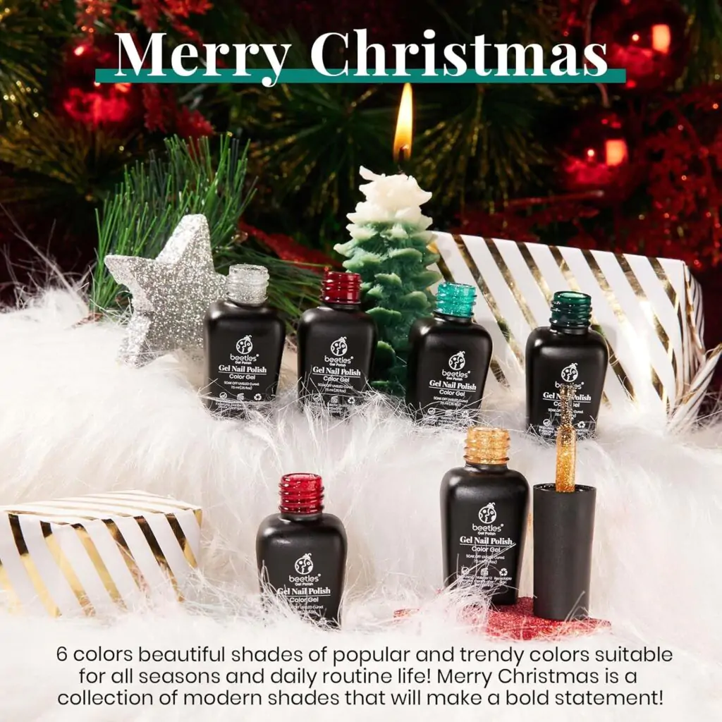 Beetles Christmas Gel Nail Polish, Red Sparkle Green Glitter Gold Silver Winter Gel Polish Dark Red Gel Polish Kits Soak Off Nail Lamp Uv LED Cured for Nail