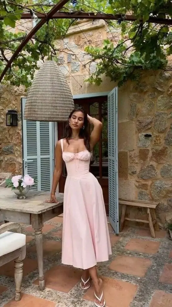 Imagine yourself stepping into a picturesque outdoor café on a sunny spring morning. You're wearing a light pink dress with thin straps, perfect for a relaxed yet stylish look. Paired with comfortable white flip-flops, the outfit is ideal for a casual day out. The rustic stone building and lush greenery around you add to the charm, making this the perfect setting for a refreshing break.