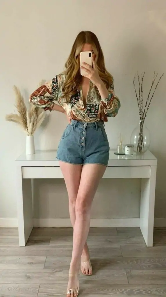out for a casual day, feeling stylish and comfortable. You’re rocking a patterned long-sleeve shirt tucked into high-waisted denim shorts with charming button details. The outfit is perfect for a laid-back yet chic look, paired with some white sneakers or sandals. With this ensemble, you'll be ready to enjoy a relaxed afternoon, whether it's a brunch with friends or a casual stroll.