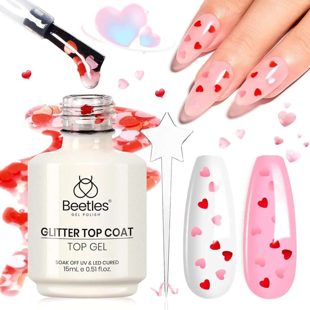 Beetles Gel Polish 15ML Clear Pink Color Gel Top Coat With Pink & Red Heart Shape Valentines Day Gift for Mom, Glass Polish Soak Off UV No Wipe Beetles Romantic Heart Glitter Top Coat for Sparkle Nail