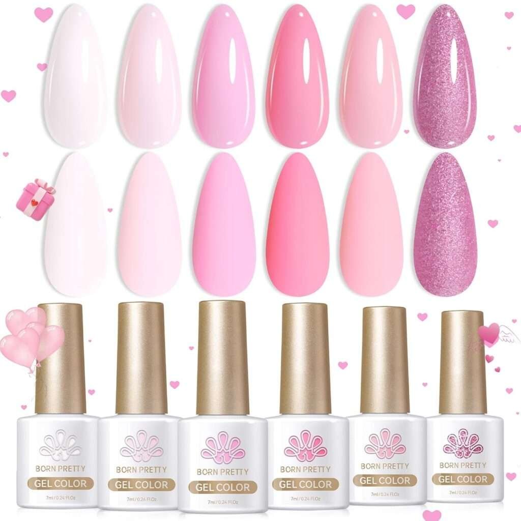 Born Pretty Pink Gel Nail Polish Set Sweet Nude Pink White Nail Polish Soft Light Natural Lovely Pink Color Valentine's Day Gift Soak Off Gel Nail.