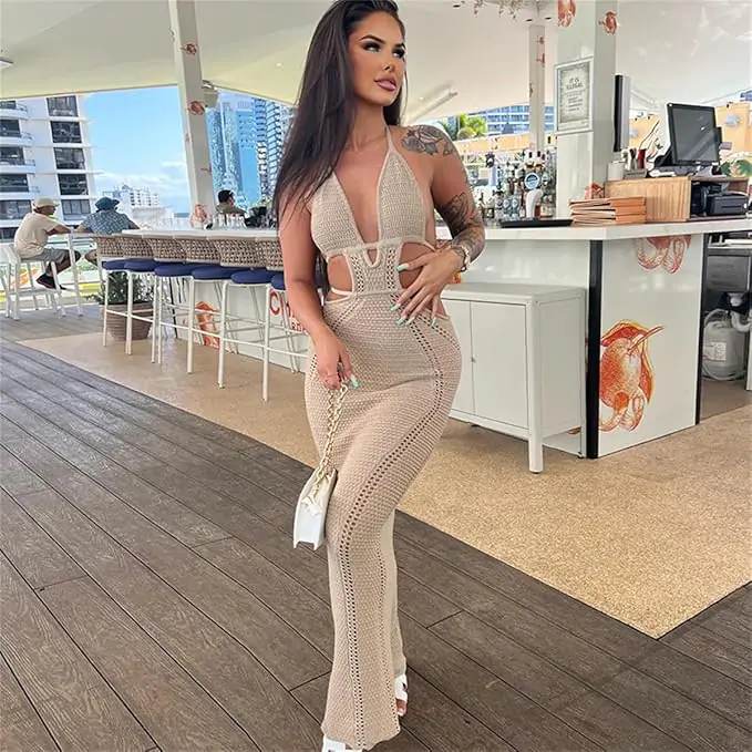 Women Sexy V Neck Bodycon Sweater Dress Knitted Halter Backless Hollow Out Waist Maxi Dress Party Club Long Dresses