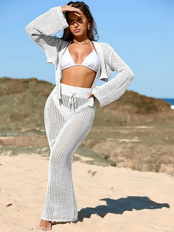 Womens 2 Piece Crochet Cover Up Matching Set with Long Sleeve Tie Knot Crop Tops and Drawstring Skirts