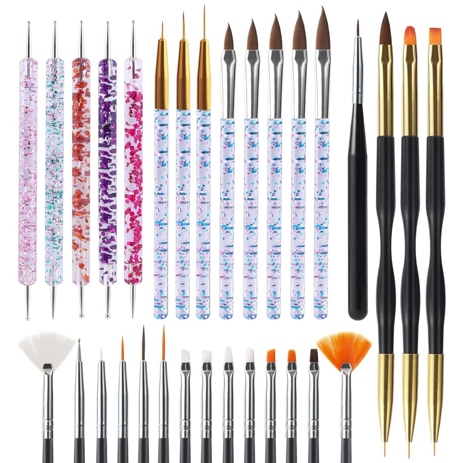 Artdone 31pcs Nail Art Brushes, Nail Art Tool Set, Dotting Tools, Dust Brush, Striping Brushes for Long Lines, Drawing Pen