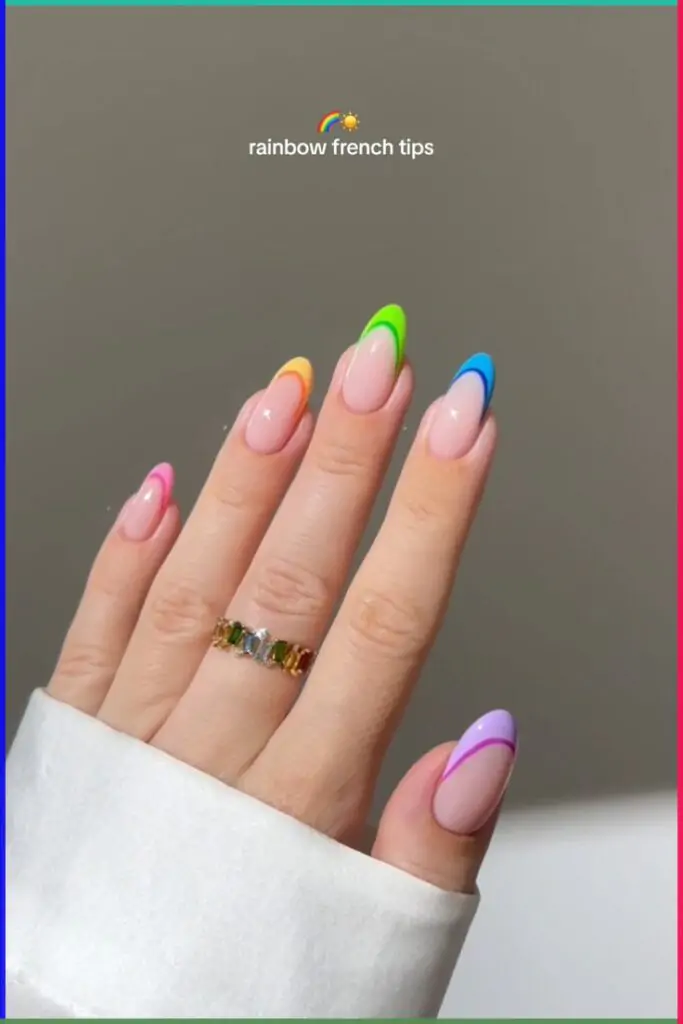 Can’t wait for you to rock this fun mani at your next spring outing. Obsessed with these vibrant rainbow-tipped nails—you’ll feel so playful and bold with this colorful look!