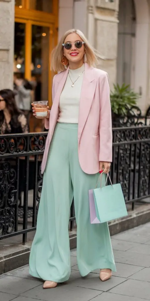 A pastel blazer worn over a neutral white blouse and high-waisted skirt. Finish with nude heels or white ankle boots for a sophisticated touch. Why It Works: This look exudes professional elegance, making it ideal for spring office wear or an important meeting. The pastel adds a fun pop of color without being overpowering.