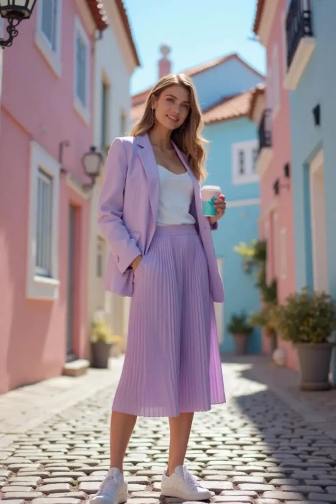 A pastel blazer worn over a neutral white blouse and high-waisted skirt. Finish with nude heels or white ankle boots for a sophisticated touch. Why It Works: This look exudes professional elegance, making it ideal for spring office wear or an important meeting. The pastel adds a fun pop of color without being overpowering.