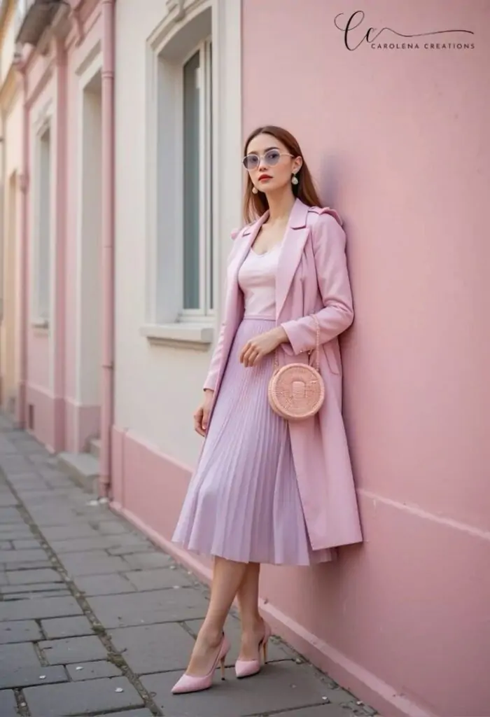 A pastel blazer worn over a neutral white blouse and high-waisted skirt. Finish with nude heels or white ankle boots for a sophisticated touch. Why It Works: This look exudes professional elegance, making it ideal for spring office wear or an important meeting. The pastel adds a fun pop of color without being overpowering.