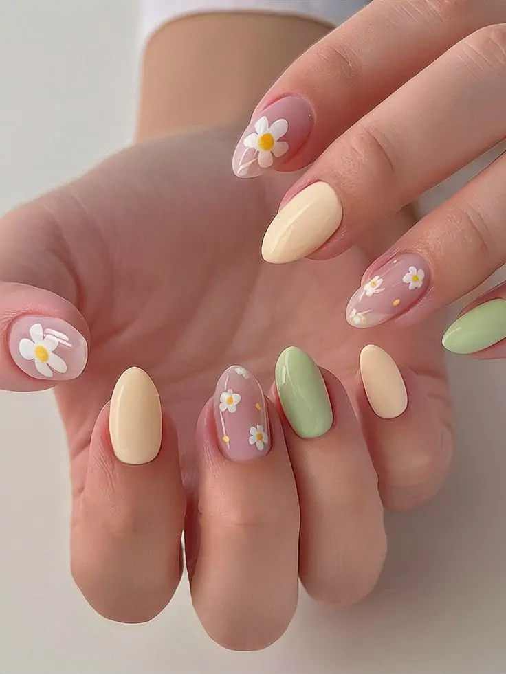 Let’s dive into this gorgeous nail look—I’m obsessed with the soft pastel vibes we’ve got here! The mix of creamy beige, mint green, and baby pink with delicate daisy accents screams springtime chic, making it a must-try for your next luxury nail art moment.