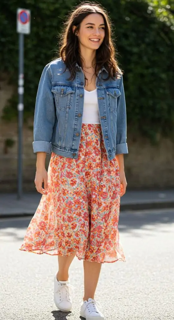 A floral midi skirt paired with a fitted denim jacket and white sandals. Accessorize with a floppy hat and simple jewelry. Why It Works: A mix of relaxed and feminine, this outfit is perfect for everything from a day trip to a casual outdoor gathering. The floral skirt screams spring, while the denim jacket gives it a cool edge.