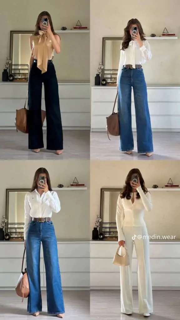  A flowy blouse paired with a pencil skirt and block heels. Finish with a structured handbag and simple earrings. Why It Works: Perfect for transitioning your work wardrobe from winter to spring. This outfit strikes the right balance between professional and playful.