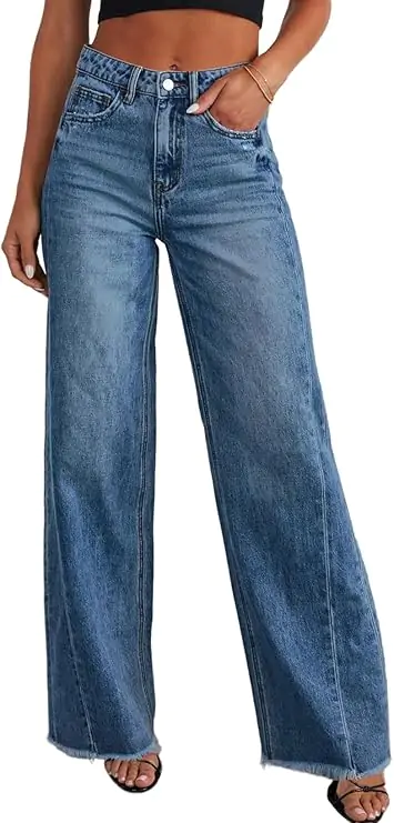Women's Wide Leg Jeans High Waisted Strechy Raw Hem Zimbaplatinum Denim Pants