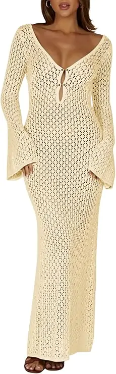 Womens Crochet Maxi Cover Up Dress Beach Swim Vacation Coverups Long Sleeve Sexy Bodycon Summer Knit Dresses