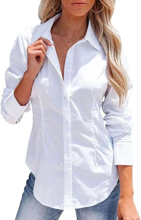 Women's Button Down Shirts Long Sleeve Dress Shirts Wrinkle Free Collared Work Office Solid Blouses Corset Tops